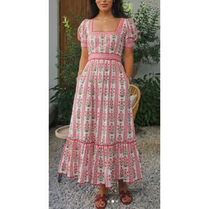 Pink City Prints Evelyn Midi Ruby Buta Floral Block Dress Puff Sleeve Tuckernuck